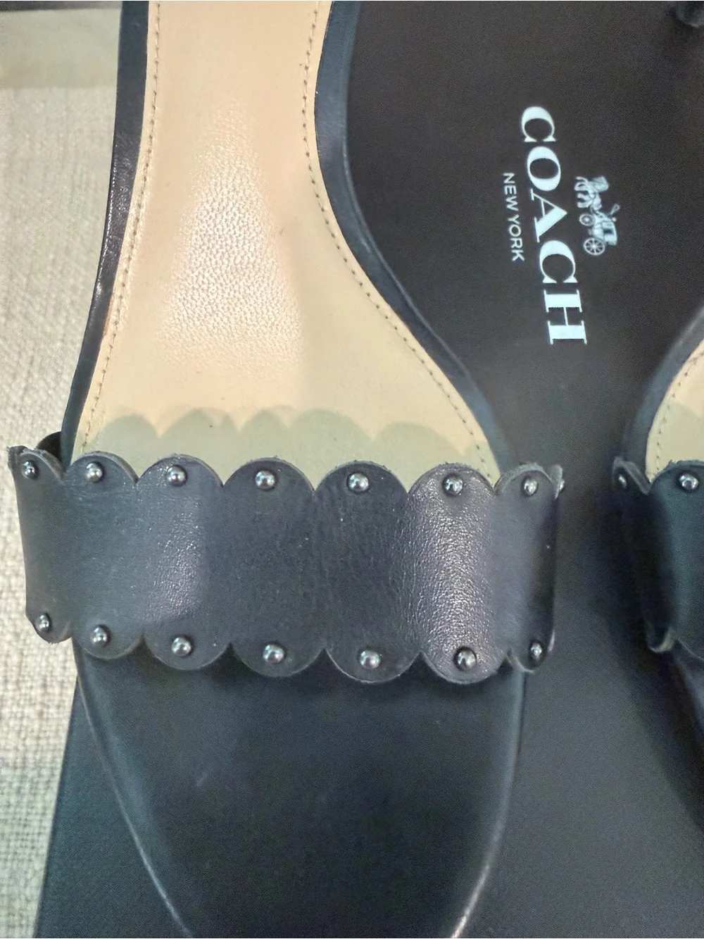 Coach Black Scalloped Ankle-Strap Heels with Stud Accents